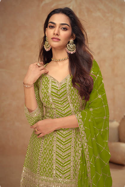 Crepe Silk Zari & Sequins Embroidered Suit With Embroidered Sharara