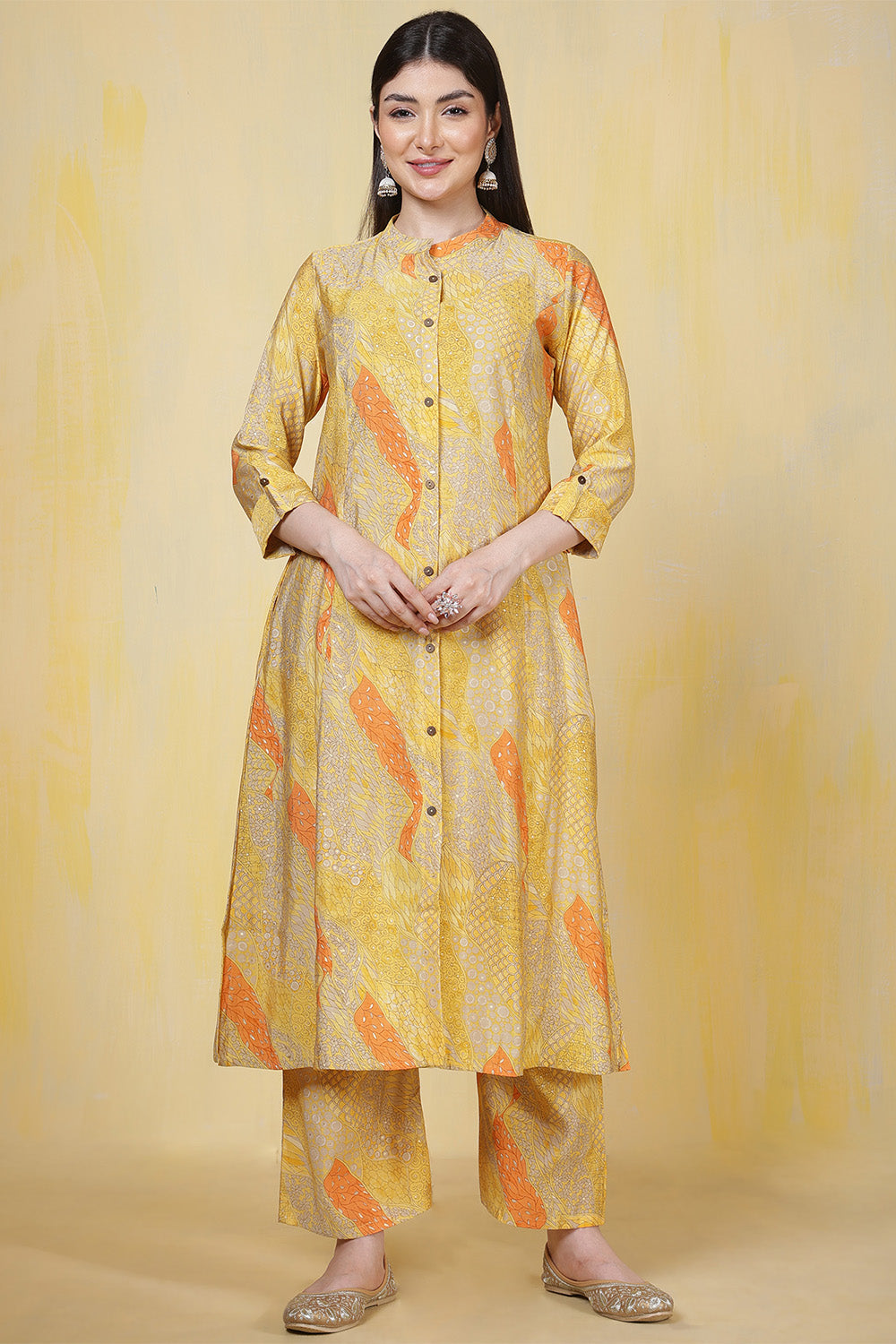 Yellow Cotton Printed Long Kurta Set