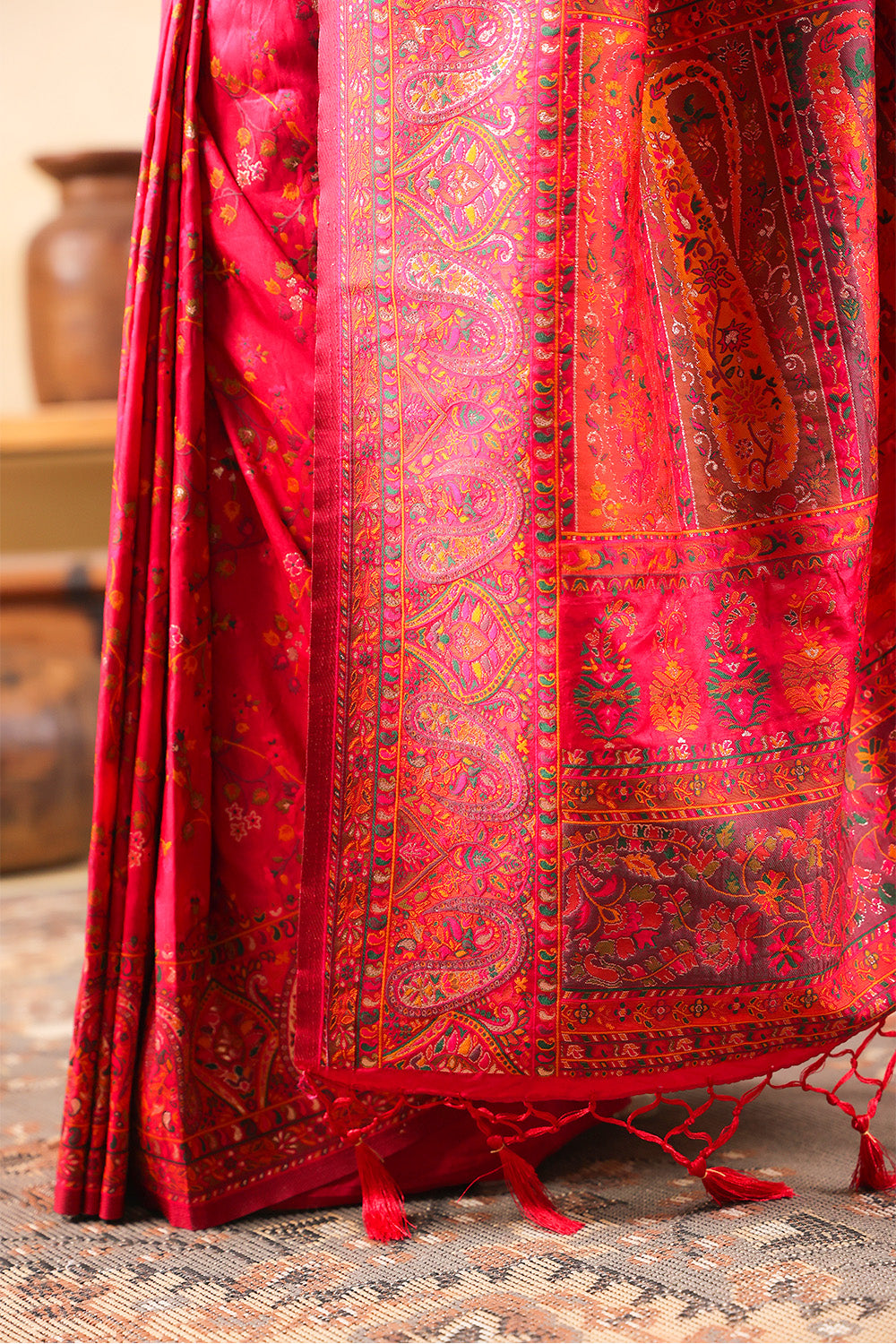 Cherry Red South Silk Zari And Resham Woven Saree