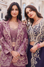 Purple Crepe Silk Embroidered Crop-Top Dress With Shruge Stlye Dupatta And Palazzo