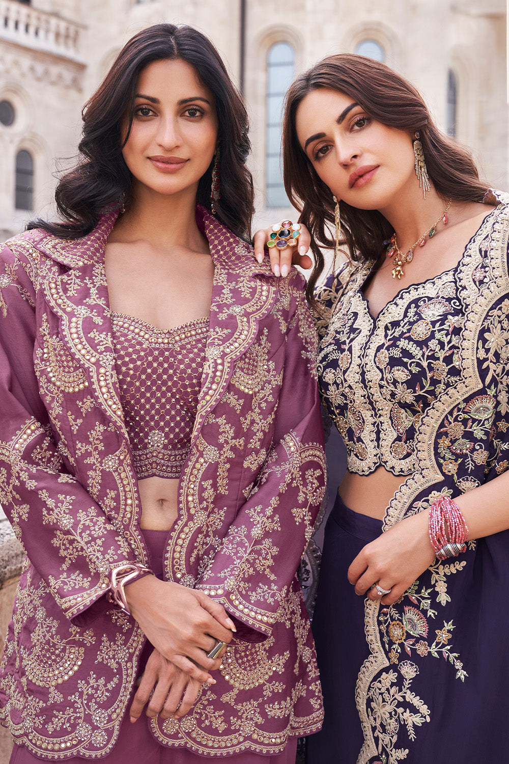 Purple Crepe Silk Embroidered Crop-Top Dress With Shruge Stlye Dupatta And Palazzo