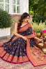 Navy Silk Printed And Woven Border Saree