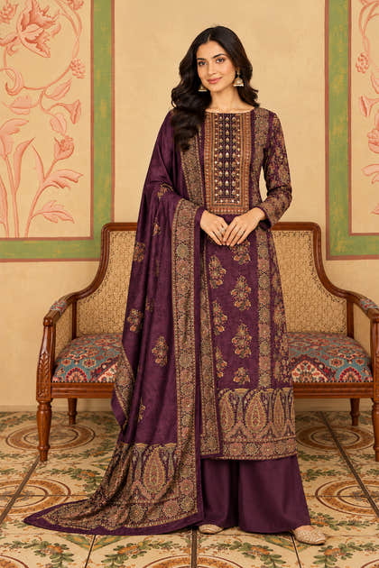 Wine Velvet Printed Unstitched Suit Material