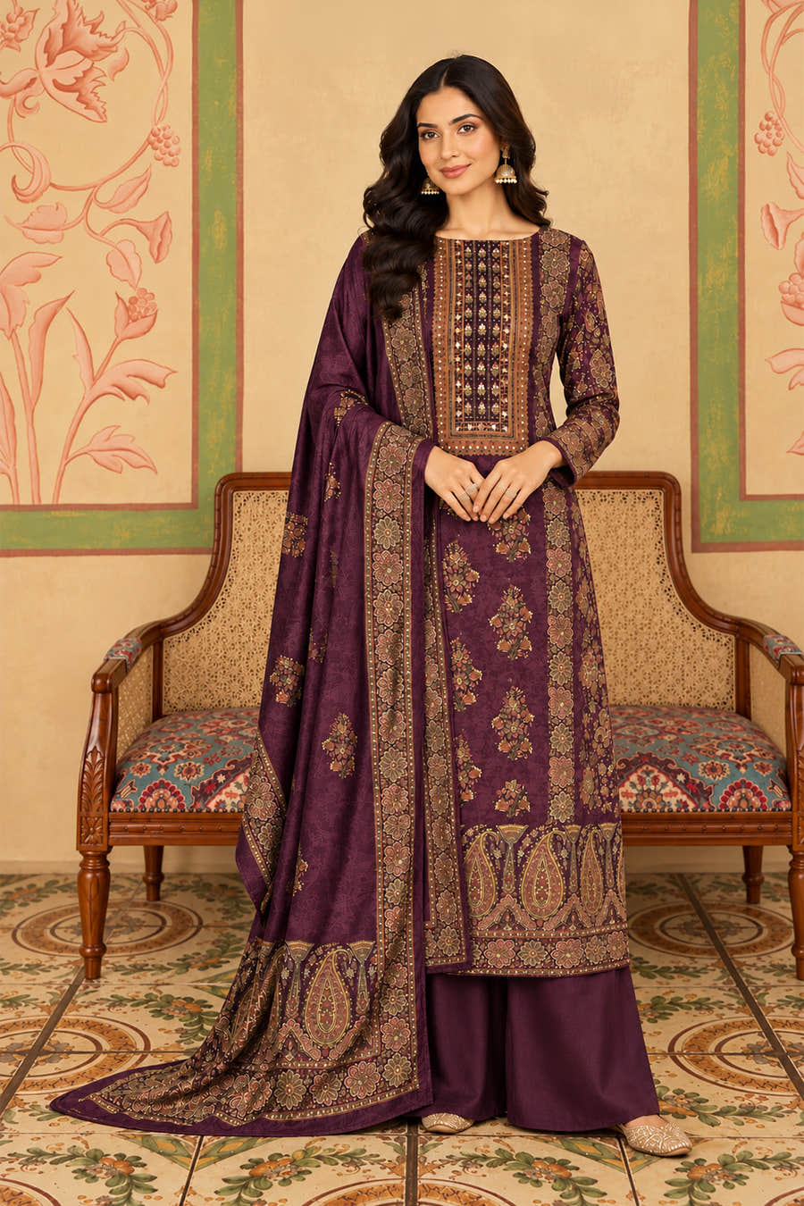 Wine Velvet Printed Unstitched Suit Material
