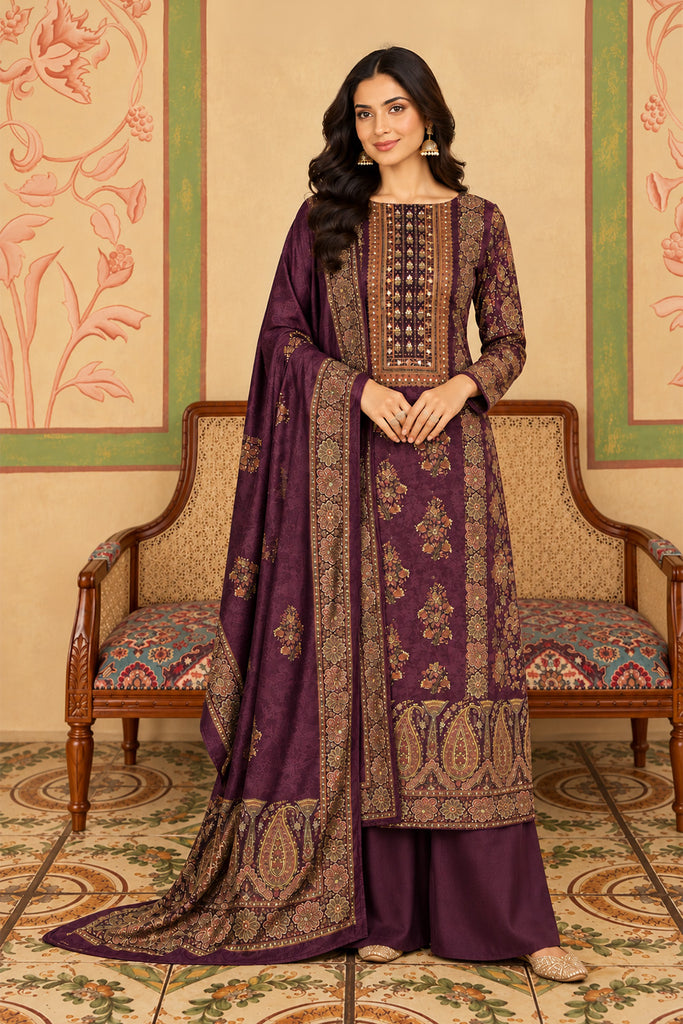 Wine Velvet Printed Unstitched Suit Material