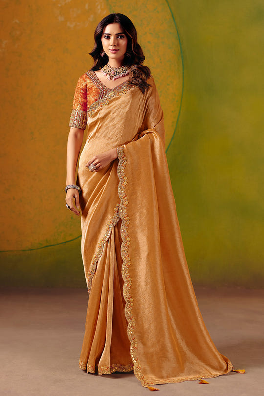 Golden Tissue Silk Border Embroidered Saree With Banarsi Woven Readymade Blouse