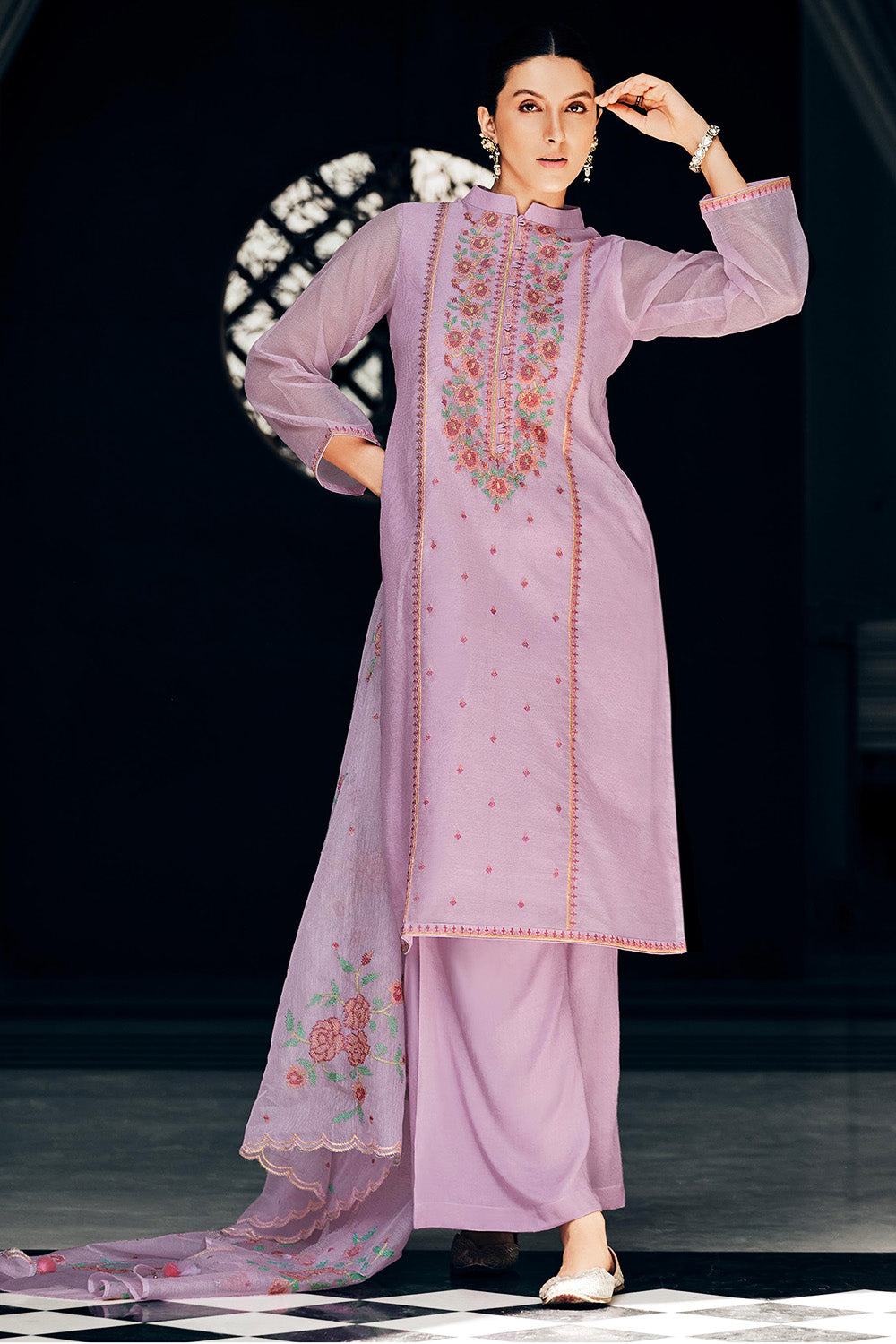 Lavender Kota Silk Double Layer Embroidered Unstitched Suit Fabric