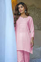 Mauve Color Neck Embroidered Cotton Kurti