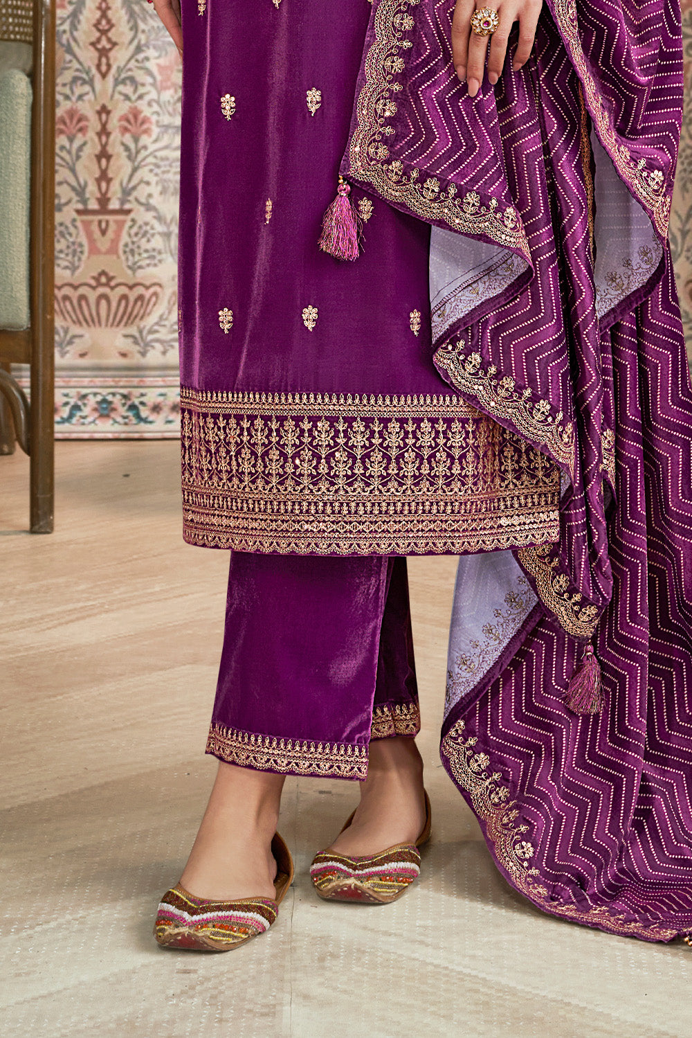 Purple Velvet Sequins and Zari Embroidered Unstitched Suit Fabric