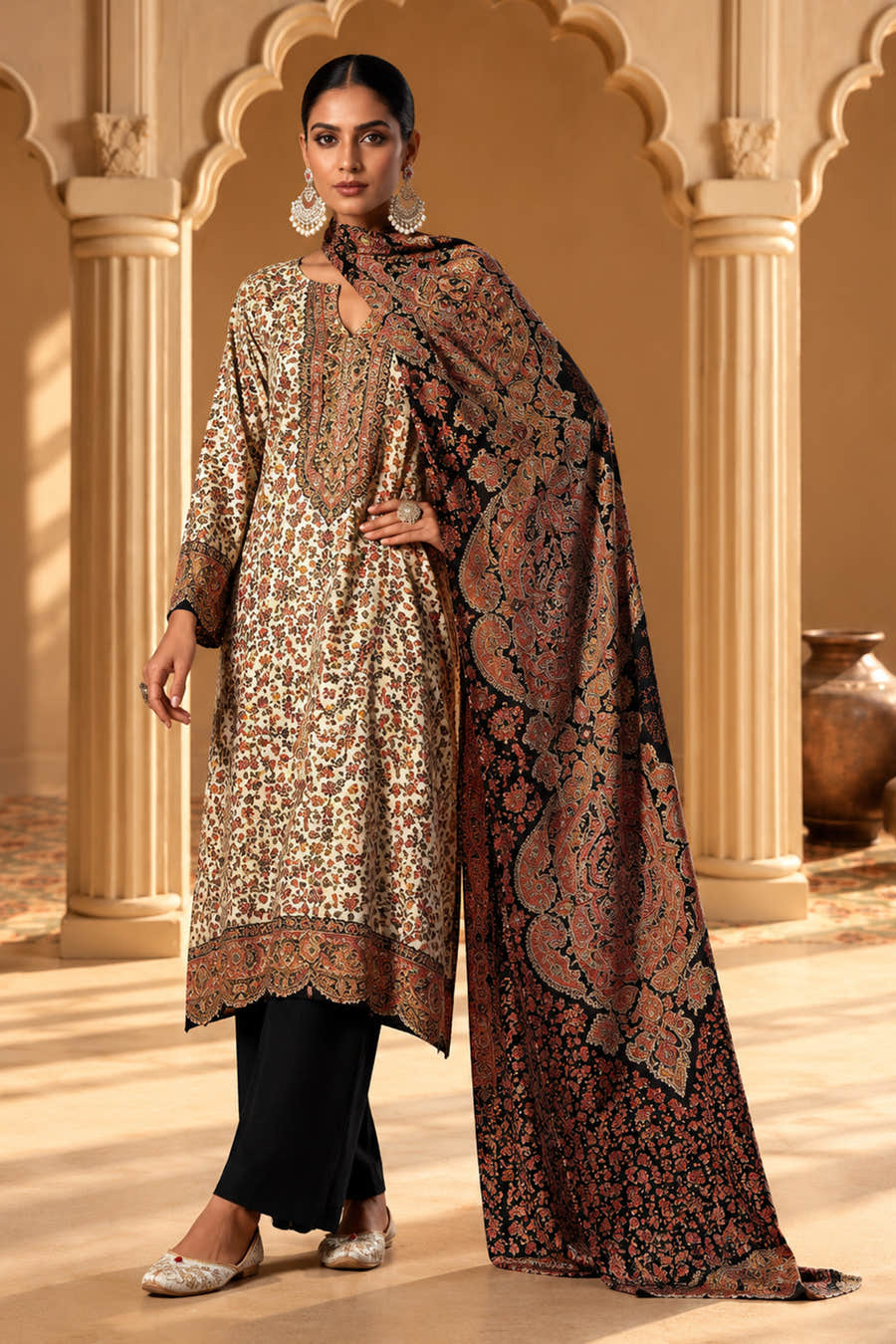Beige & Black Pashmina Floral Digital Printed Unstitched Suit Material