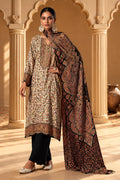 Beige & Black Pashmina Floral Digital Printed Unstitched Suit Material