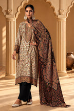 Beige & Black Pashmina Floral Digital Printed Unstitched Suit Material