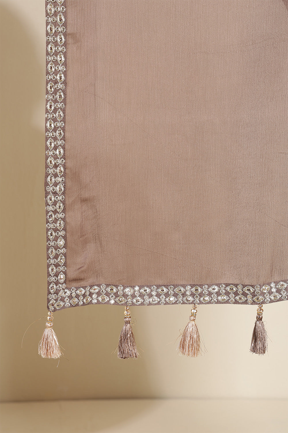 Pastel Brown Color Crepe Silk Sequins &amp; Zari Embroidered Saree with Readymade Blouse