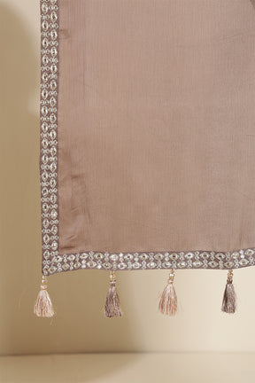Pastel Brown Color Crepe Silk Sequins &amp; Zari Embroidered Saree with Readymade Blouse