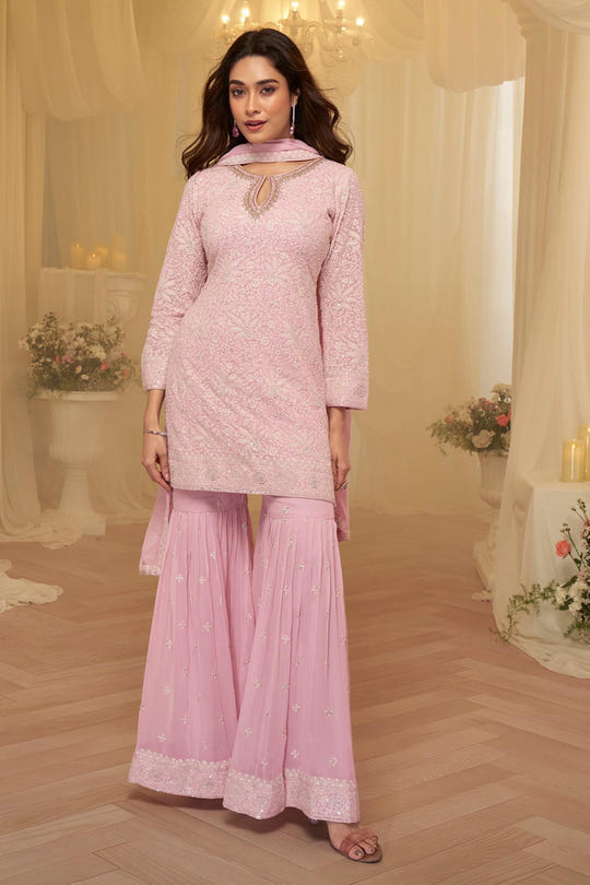 Baby Pink Georgette Embroidered Suit with Embroidered Gharara