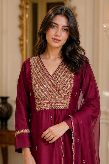 Wine Neck-Embroidered Silk Straight Suit
