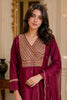 Wine Neck-Embroidered Silk Straight Suit