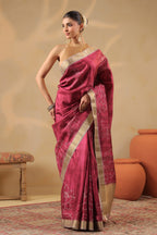 Deep Carmine Floral Printed and Zari Woven Tussar Silk Saree