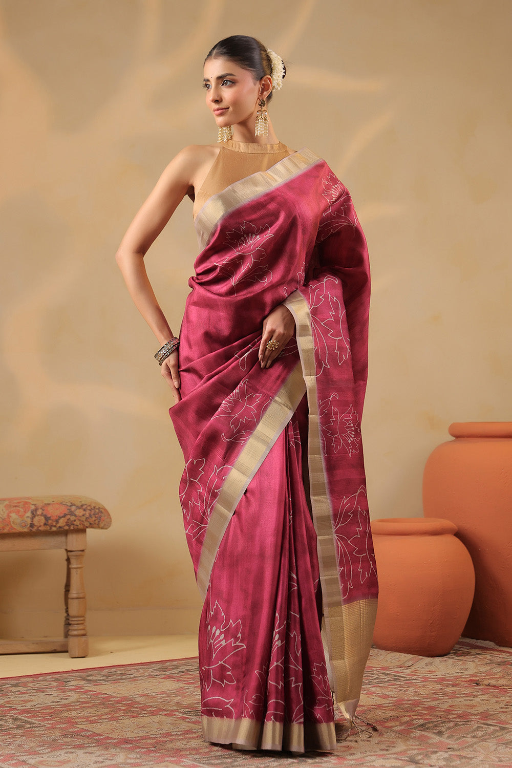 Deep Carmine Floral Printed and Zari Woven Tussar Silk Saree