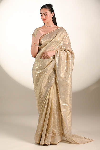 Beige Color Tissue Silk Resham & Sequins Embroidered Saree