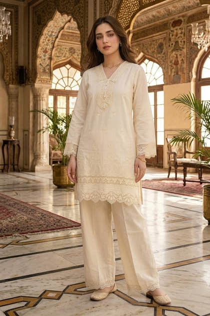 Cream Cotton Resham Embroidered And Lace Work Kurta Set