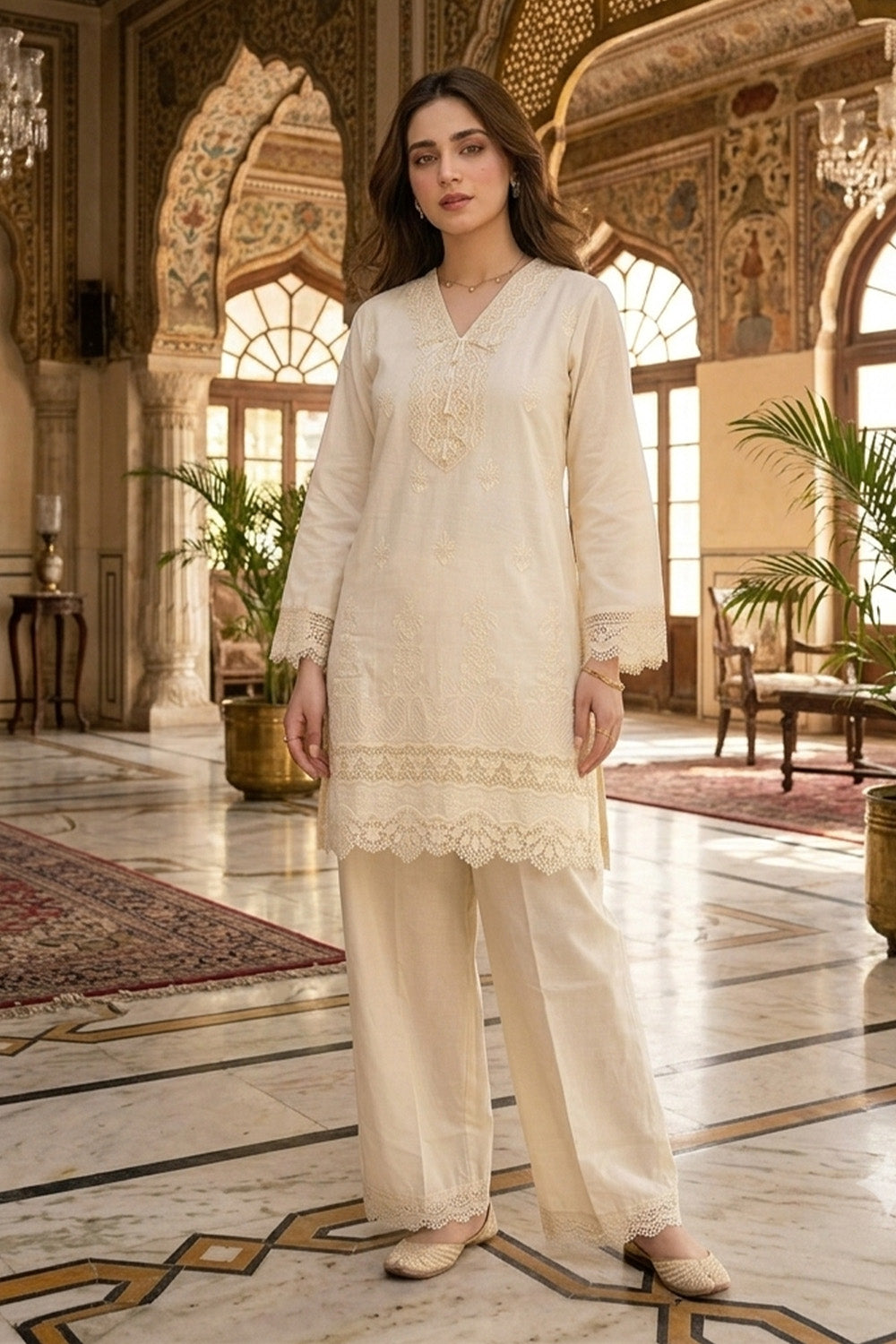 Cream Cotton Resham Embroidered And Lace Work Kurta Set