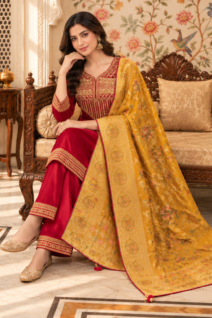 Rani Silk Embroidered Unstitched Suit Material With Banarsi Dupatta