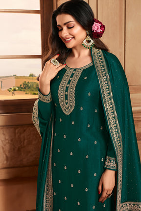 Green Color Silk Embroidered Unstitched Suit Fabric