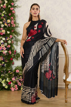 Black Jacquard Silk Floral Printed Saree