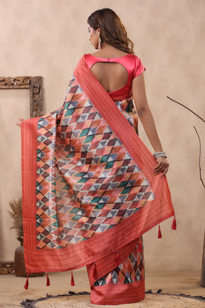 Coral Color Tussar Cotton Printed Saree