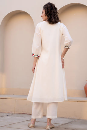 Cream Color Cotton Embroidered Kurta Set