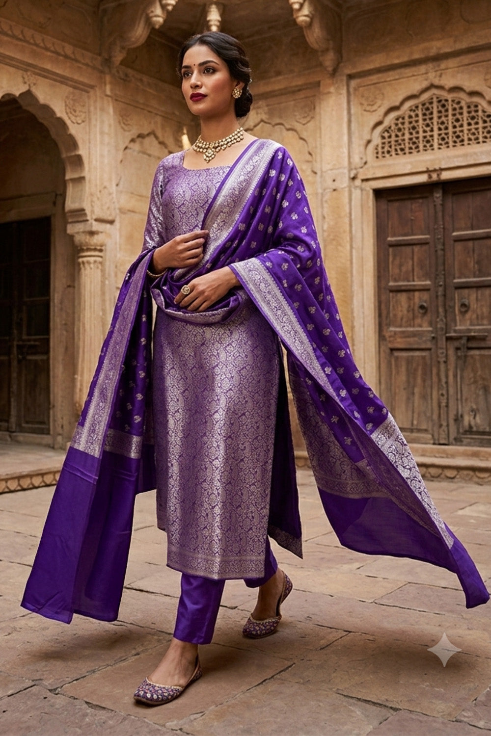 Purple Banarsi Silk Woven Unstitched Suit Material