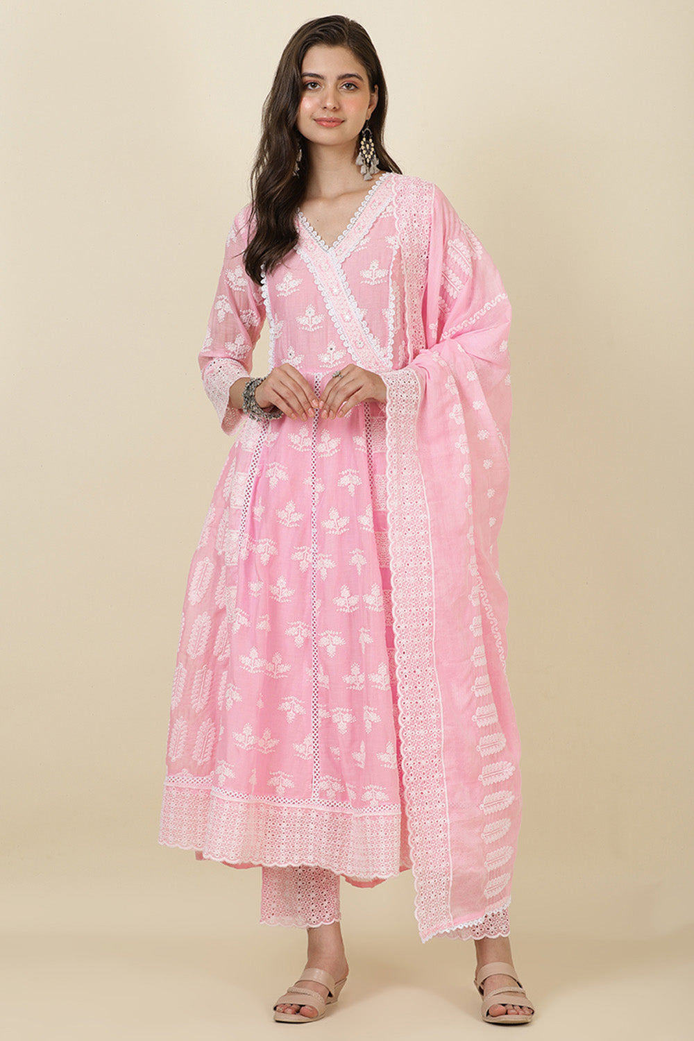 Pink Cotton Resham Embroidered and Lace Work Anarkali Suit