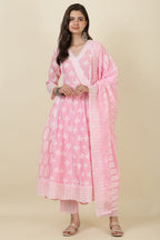 Pink Cotton Resham Embroidered and Lace Work Anarkali Suit