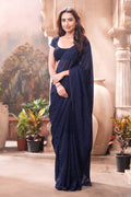 Navy Georgette Resham And Swaroski Embroidered Saree