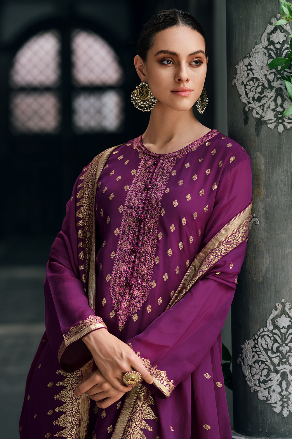 Purple Color Embroidered Organza Unstitched Suit Material