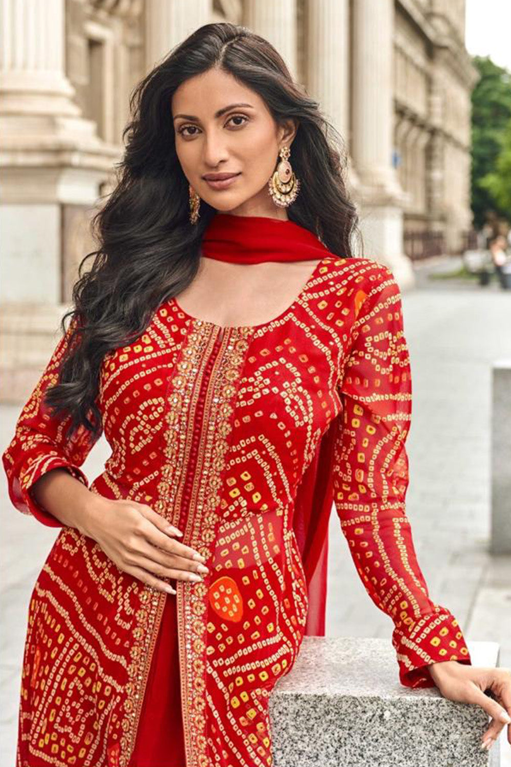 Maroon Color Georgette Bandhani Printed & Embroidered Front Slit Anarkali Suit With Palazzo