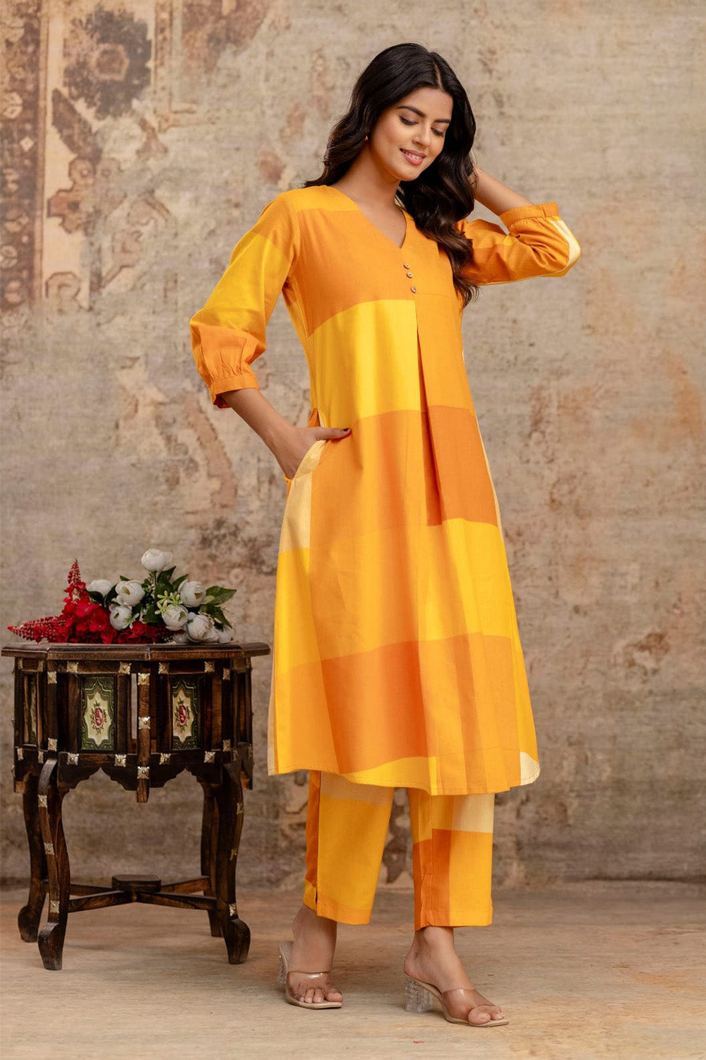 Mustard Cotton Printed Kurta Set