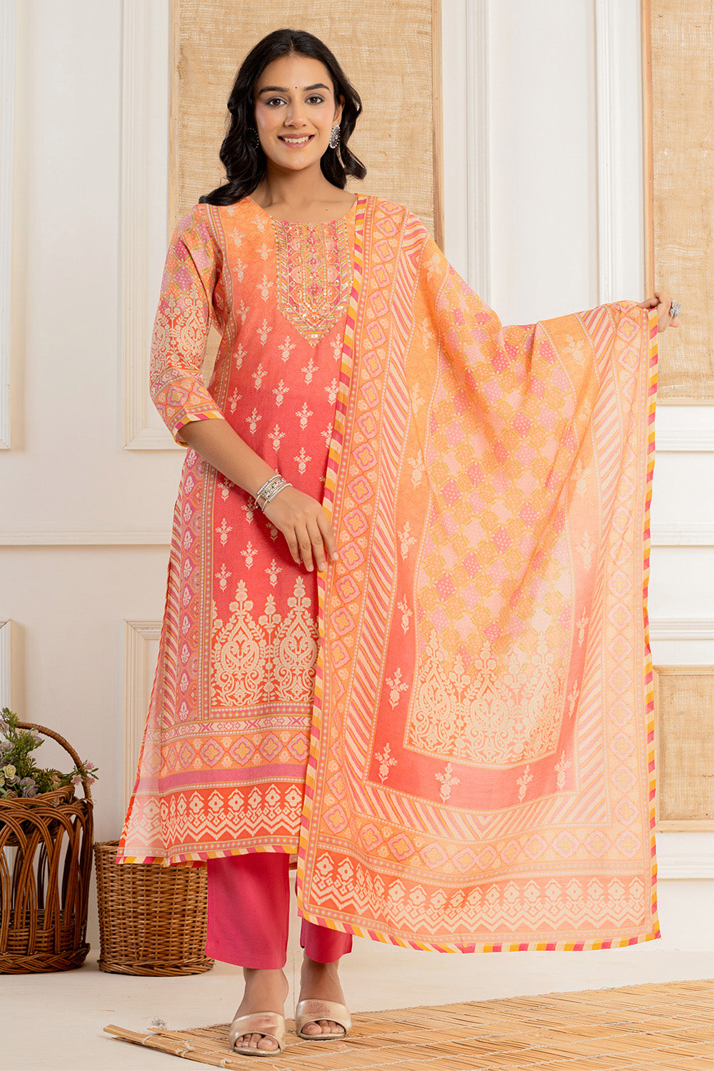 Peach Color Printed Muslin Straight Suit