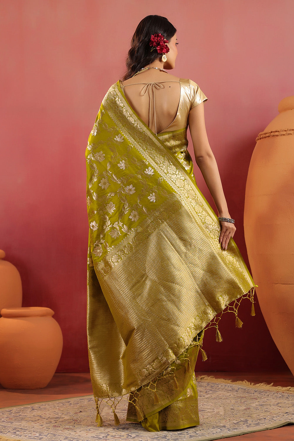 Sage Green Zari Floral Woven Silk Saree