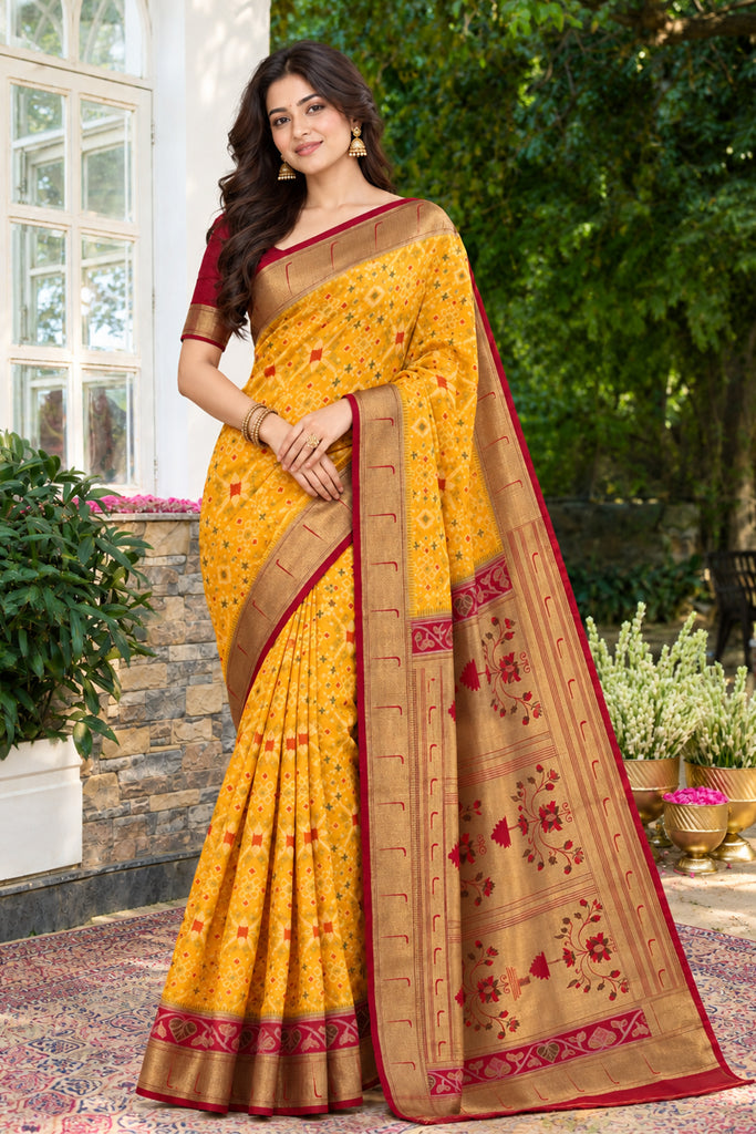 Mustard Silk Ikkat Woven Border Saree