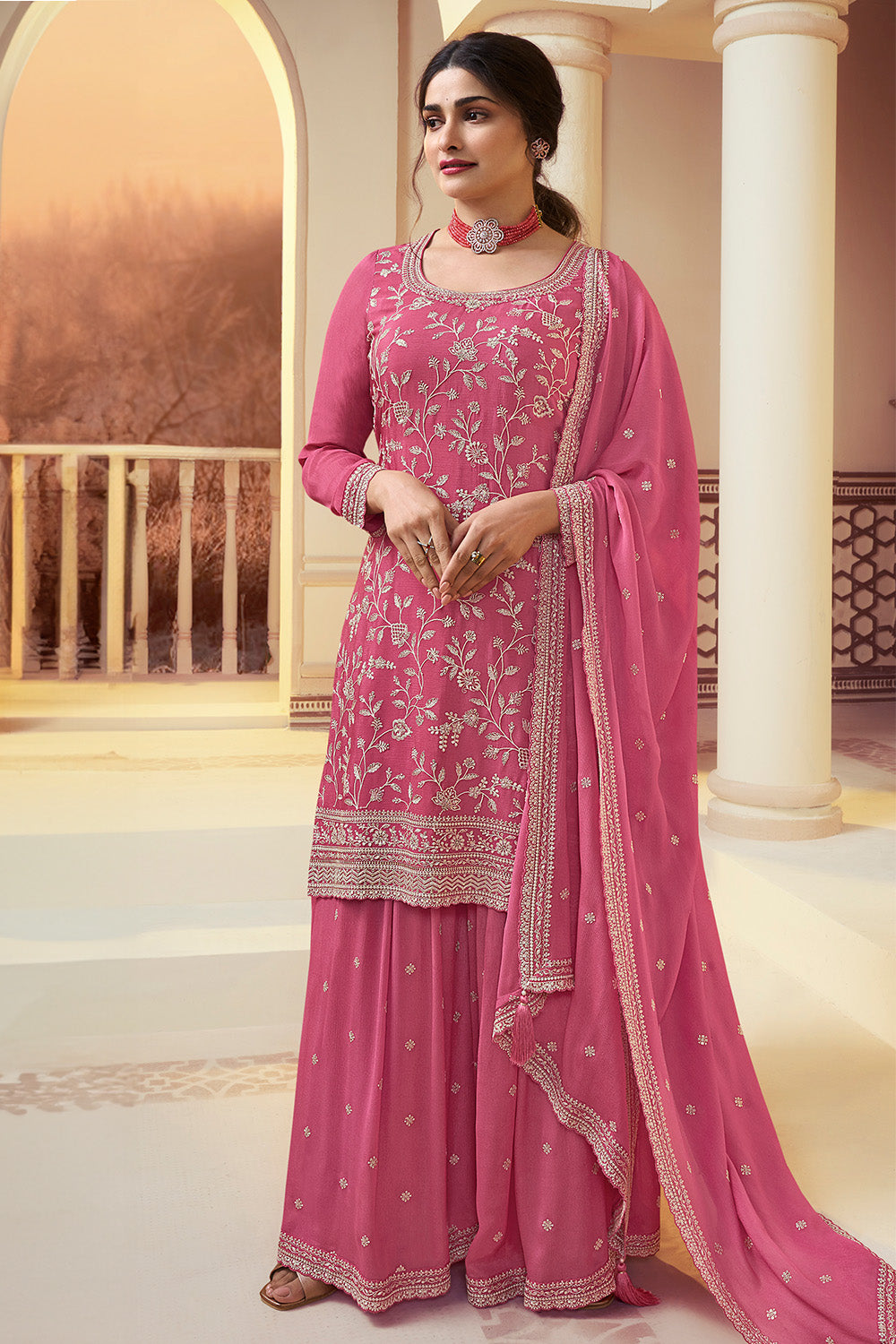 Dusty Pink Color Embroidered Georgette Unstitched Suit Material With Stitched Sharara