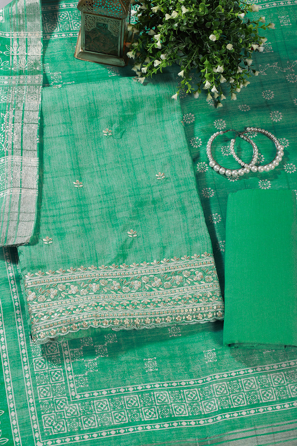 Sea Green Tussar Silk Embroidered Unstitched Suit Material