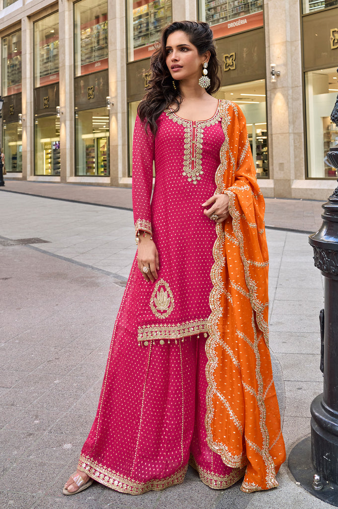 Fushia Pink Crepe Silk Embroidered Suit With Palazzo