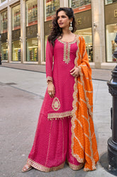 Fushia Pink Crepe Silk Embroidered Suit With Palazzo