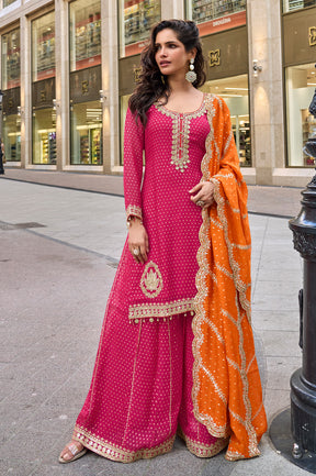 Fushia Pink Crepe Silk Embroidered Suit With Palazzo