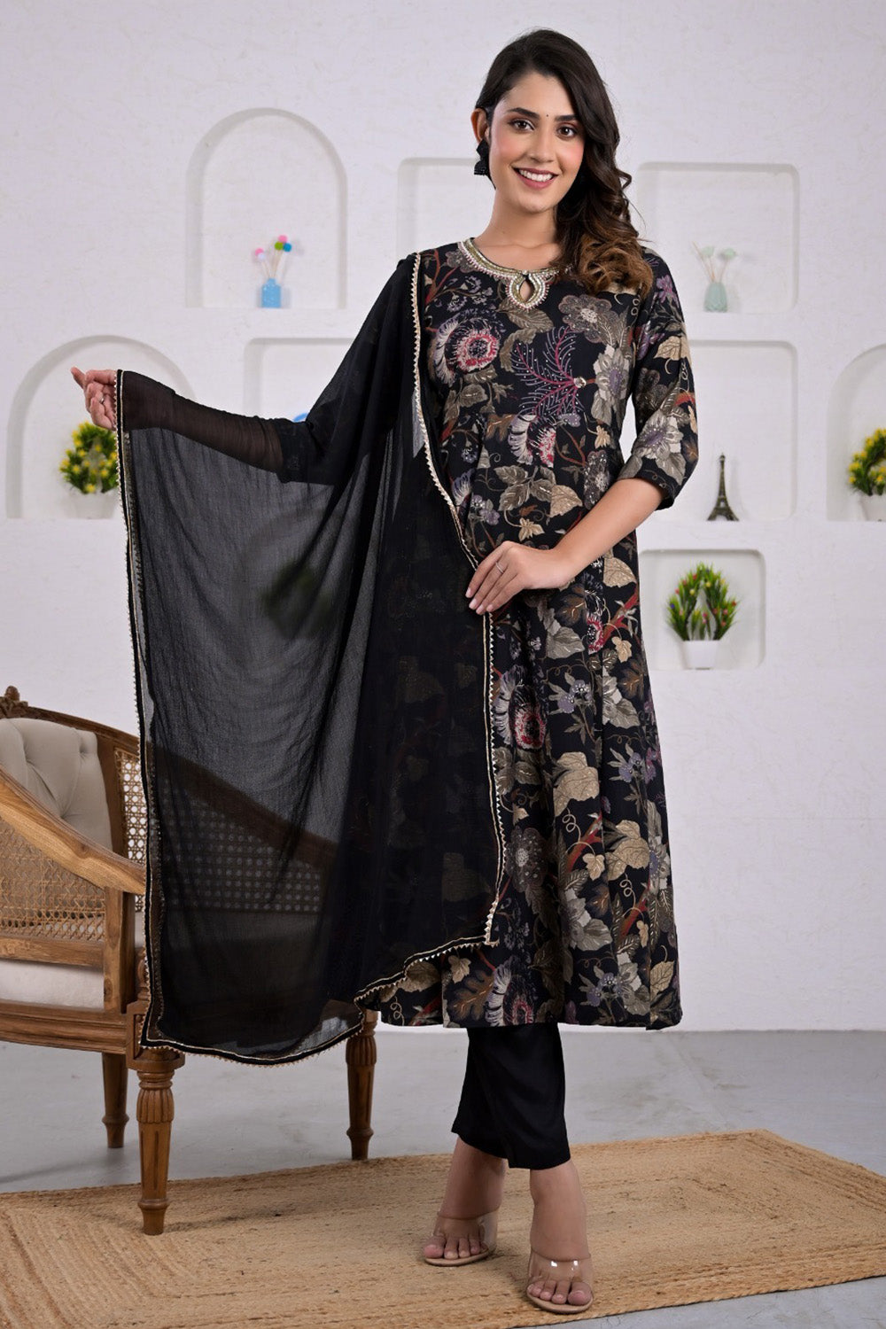 Black Floral Printed Neck-Embroidered Muslin Anarkali Suit