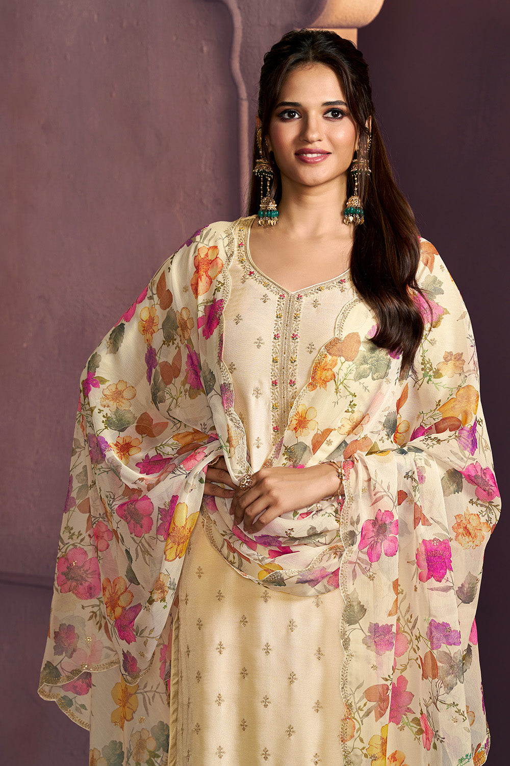 Cream Embroidered Suit Set