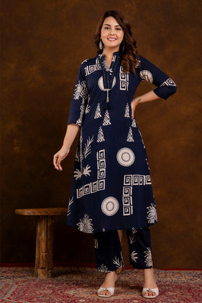 Navy Block Printed Cotton Printed Kurta Set
