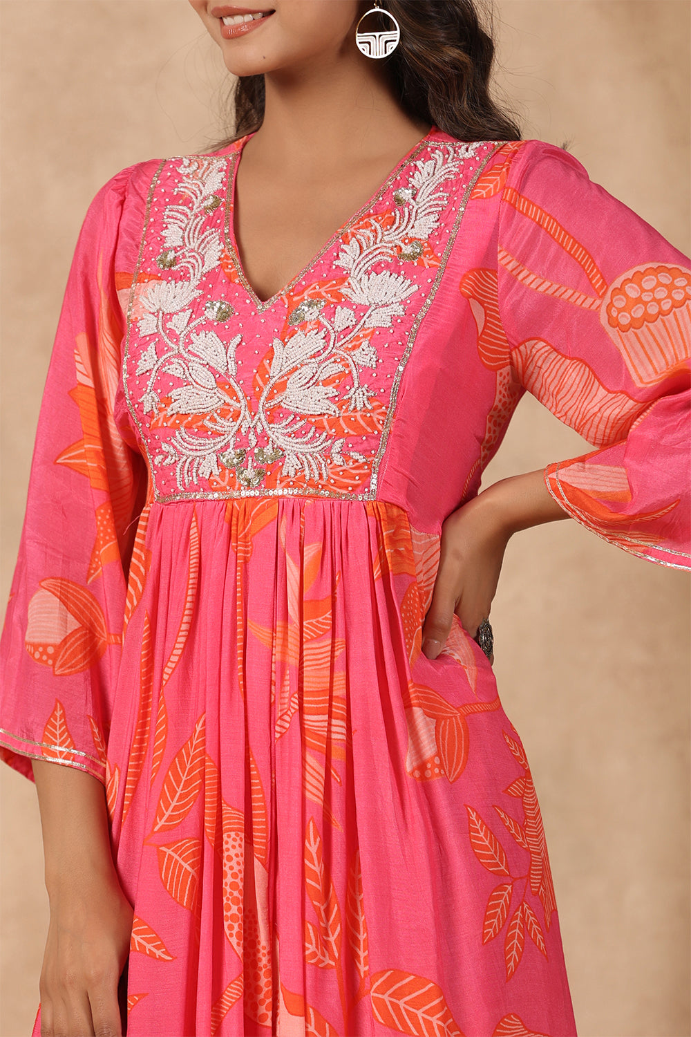 Magenta Color Muslin Printed Front Slit Kurta With Sharara